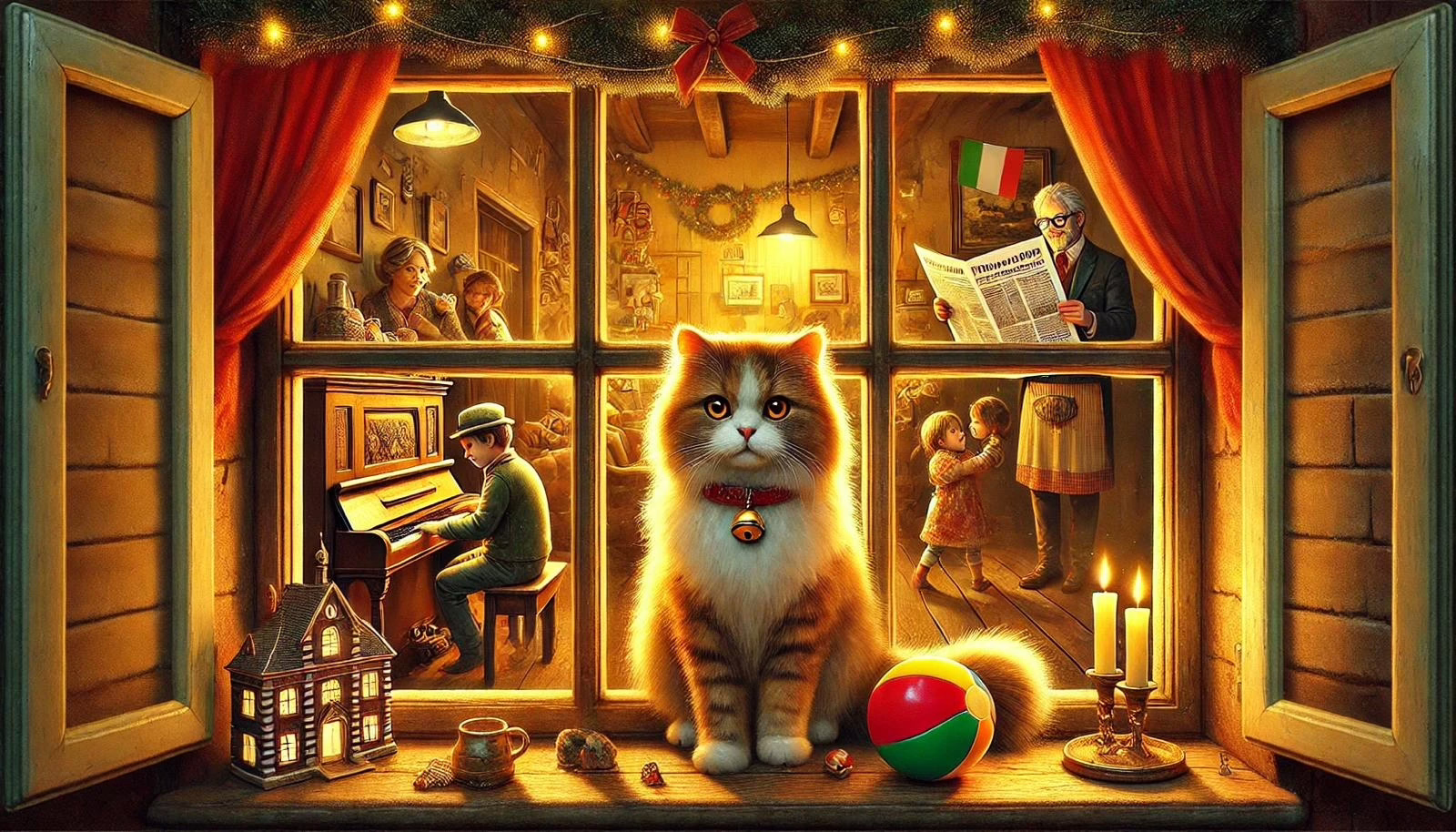 Un'illustrazione suggestiva che celebra la Giornata Nazionale del Gatto in Italia. La scena è ambientata in una casa accogliente, vista attraverso una finestra illuminata da una luce soffusa. All'interno, un uomo legge il giornale, una donna suona un vecchio pianoforte e dei bambini giocano. Il protagonista è un gatto dal pelo morbido, che gioca con una pallina colorata, mentre un sonaglino sulla sua coda tintinna delicatamente. L'atmosfera è serena e familiare, con colori caldi e dettagli nostalgici che evocano il calore di un tempo passato. L'immagine ha uno stile realistico con un tocco pittorico, con particolare attenzione ai dettagli e alla luce soffusa della casa. --ar 16:9