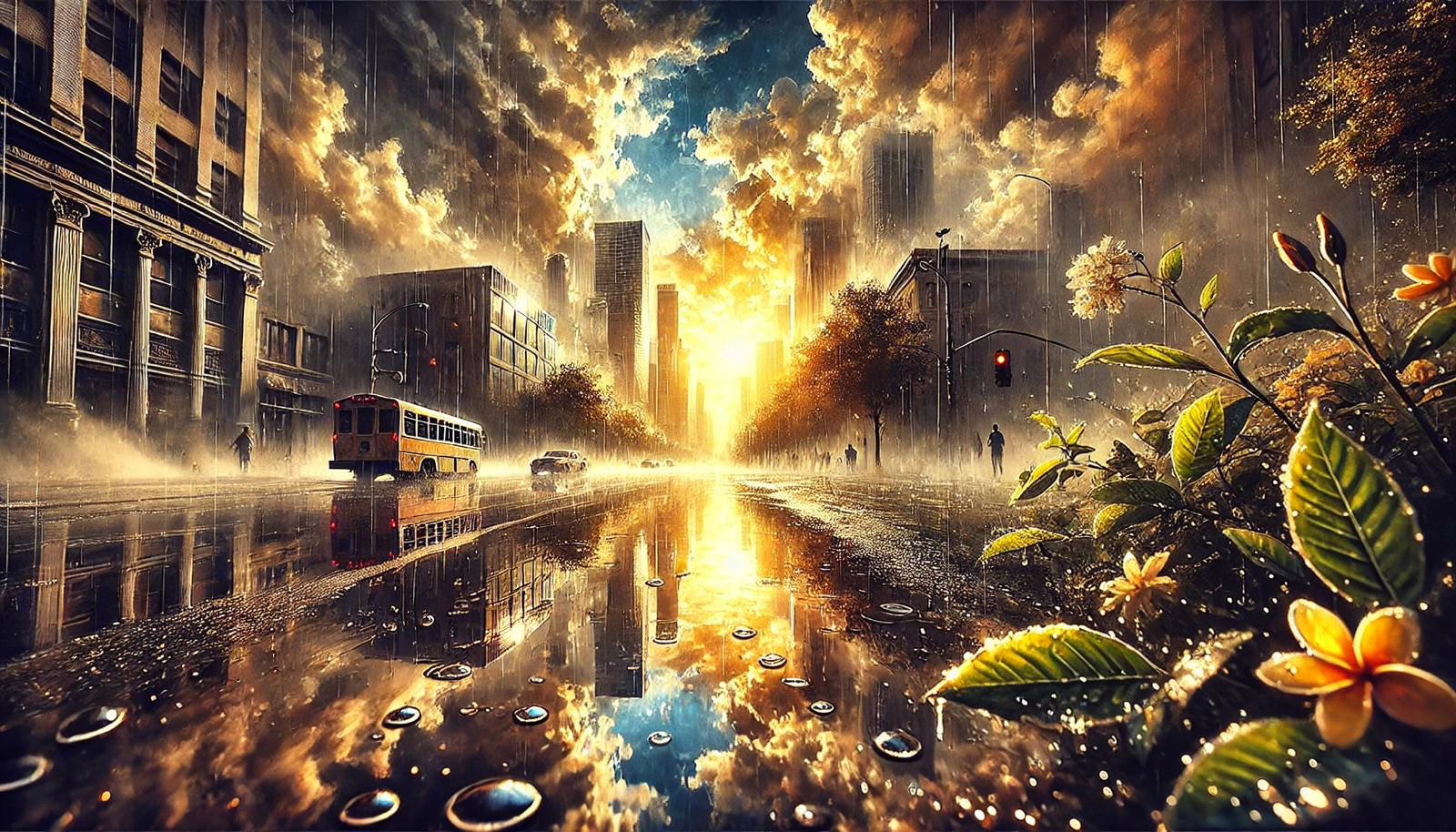 l’immagine con un cielo più drammatico e un contesto urbano, mantenendo l’effetto specchiato dell’acqua nelle pozzanghere.