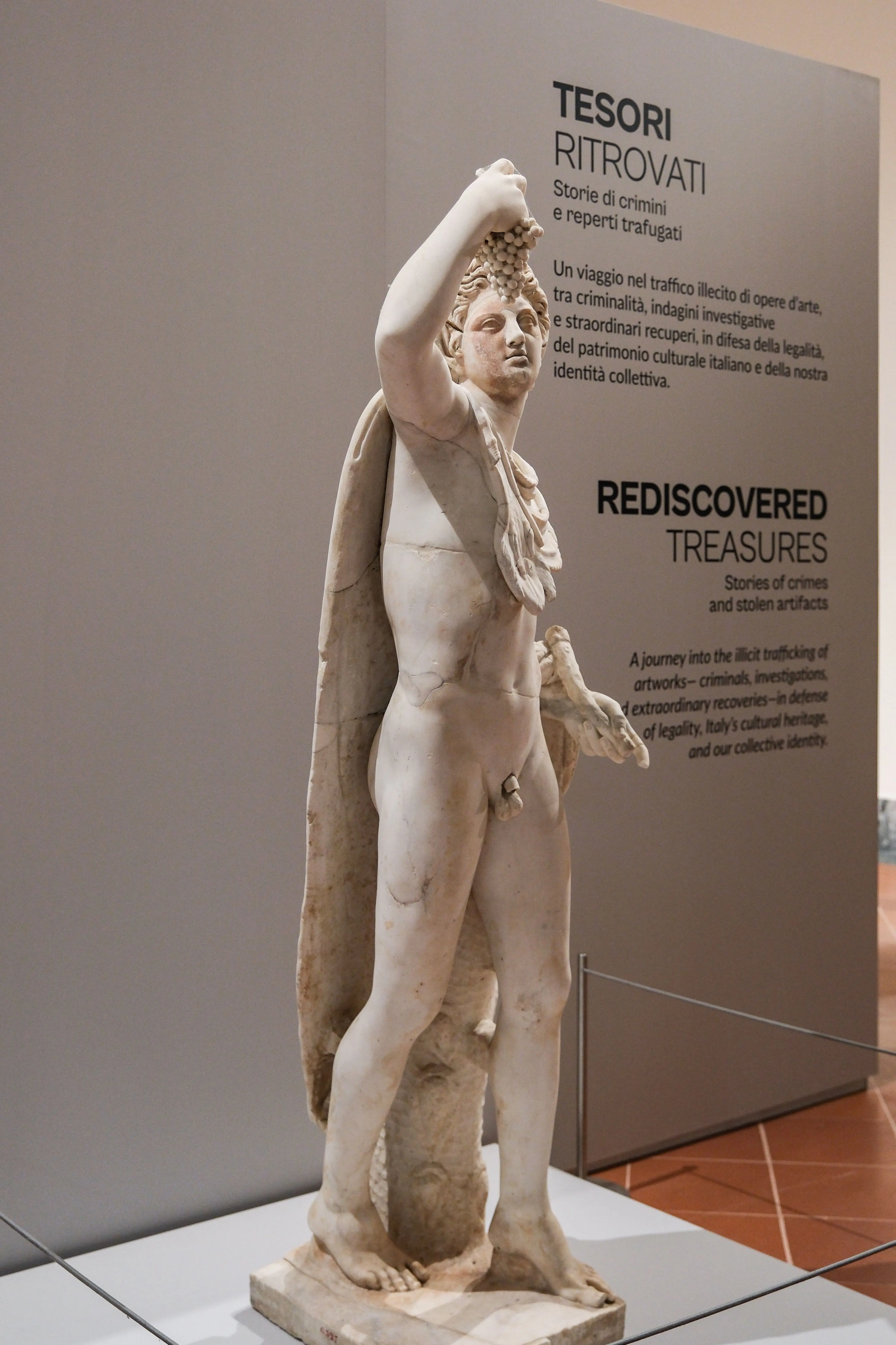Statua di SatiroProvenienza non nota - Marmo - I secolo a.C. Giovane satiro danzante, avvolto in un mantello di pelle di capra, che regge un grappolo d'uva nella mano destra e stringe nella sinistra il tipico bastone da pastore. Questa scultura costituisce una delle iconografie più diffuse e apprezzate per le decorazioni da giardino in età romana, periodo durante il quale il soggetto fu replicato in numerose varianti. La scultura, appartenuta alla collezione privata di Raffaele Gargiulo, rinomato mercante di antichità ed esperto restauratore, figura eclettica e controversa nella storia del Real Museo Borbonico e del commercio di antichità nella prima metà del XIX secolo, costituisce uno dei primi esempi di opere d'arte confiscate da un'autorità pubblica, di cui fu vietata l'esportazione, prima di essere infine acquisita dal Museo di Napoli nel 1842.